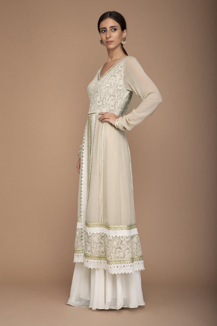 Ivory Embroidered Chikan Fabric Kurta Set