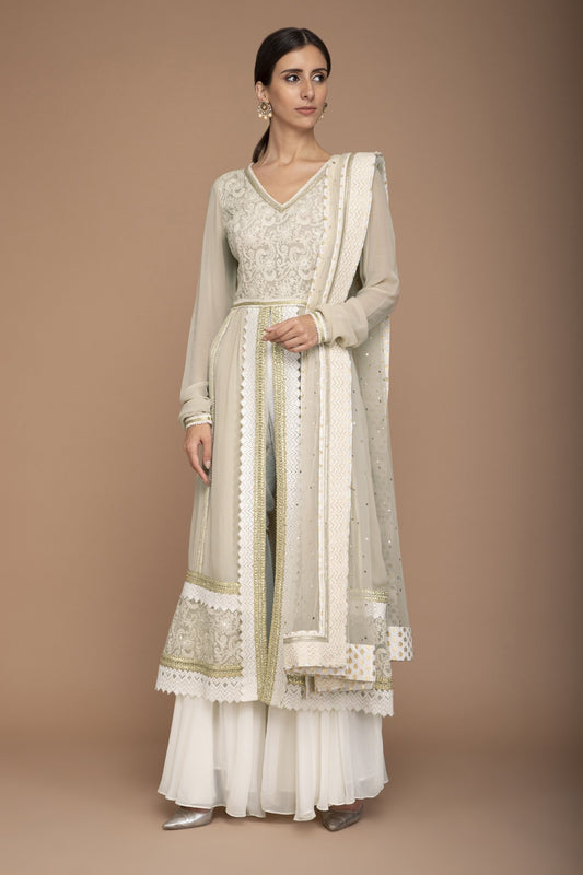 Ivory Embroidered Chikan Fabric Kurta Set