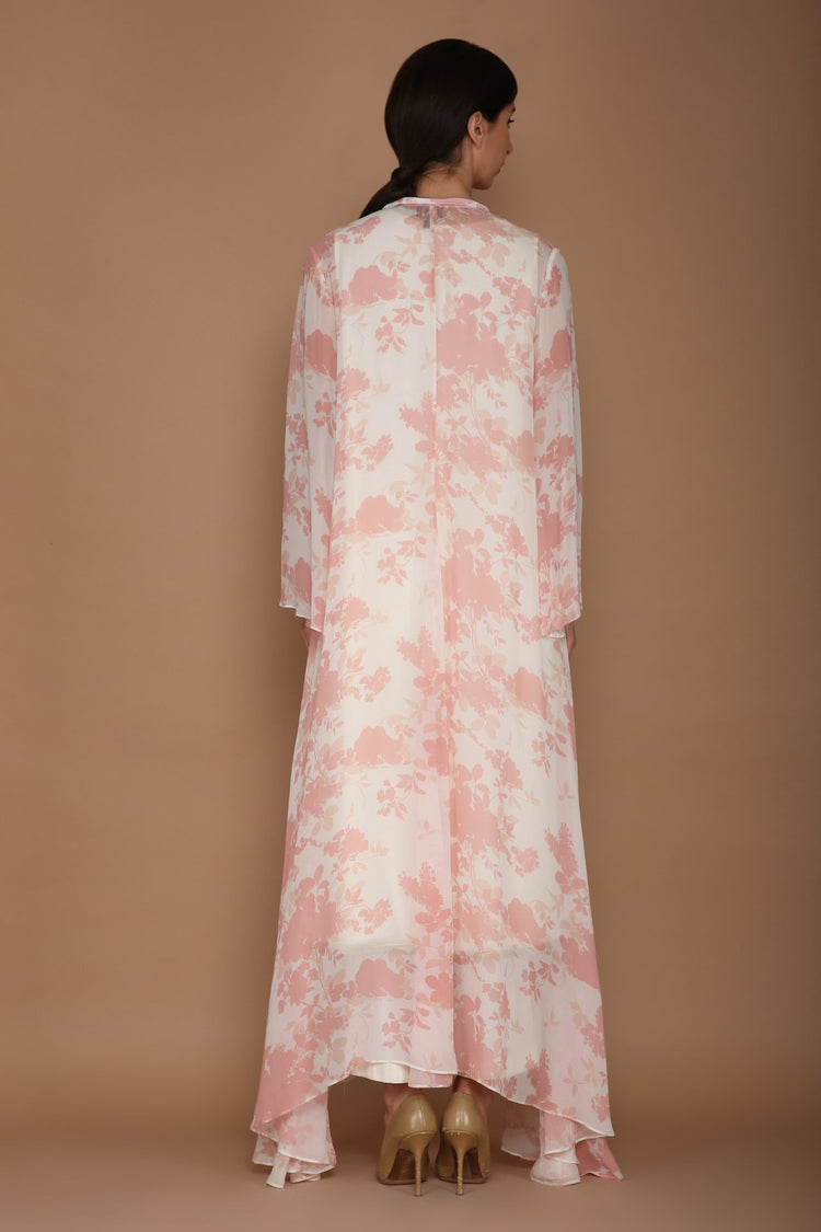 Printed Pink and Ivory Cape Set with Hand Embroidered Flower Motif