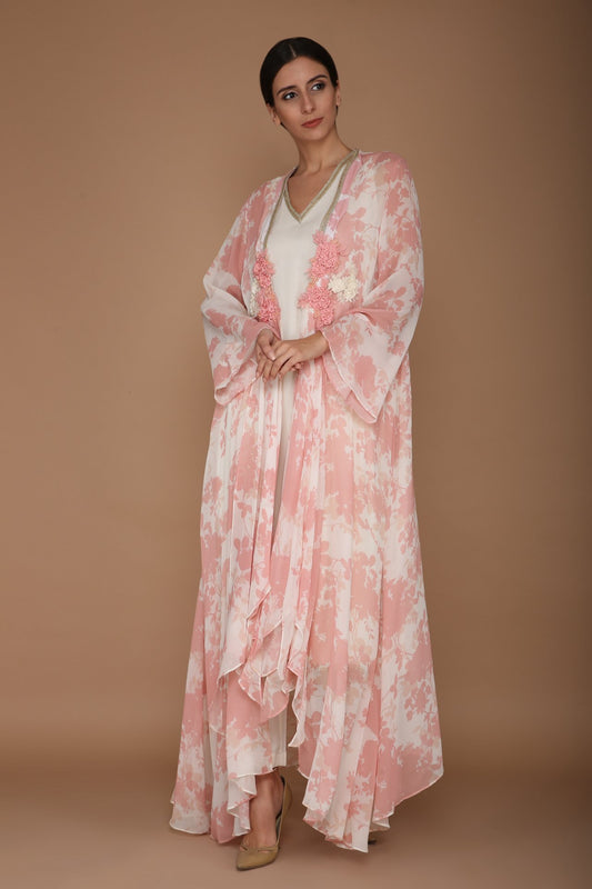 Printed Pink and Ivory Cape Set with Hand Embroidered Flower Motif