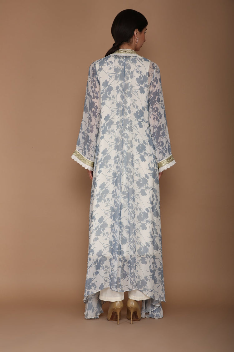 Printed Blue and Ivory Cape Set with Hand Embroidery
