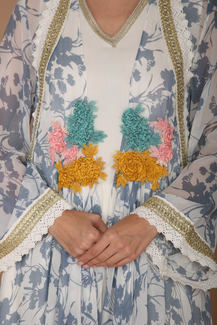 Printed Blue and Ivory Cape Set with Hand Embroidery