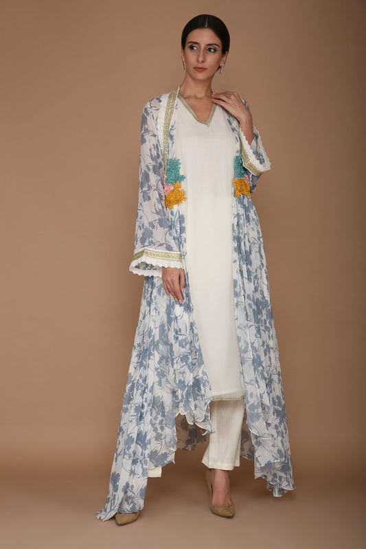 Printed Blue and Ivory Cape Set with Hand Embroidery