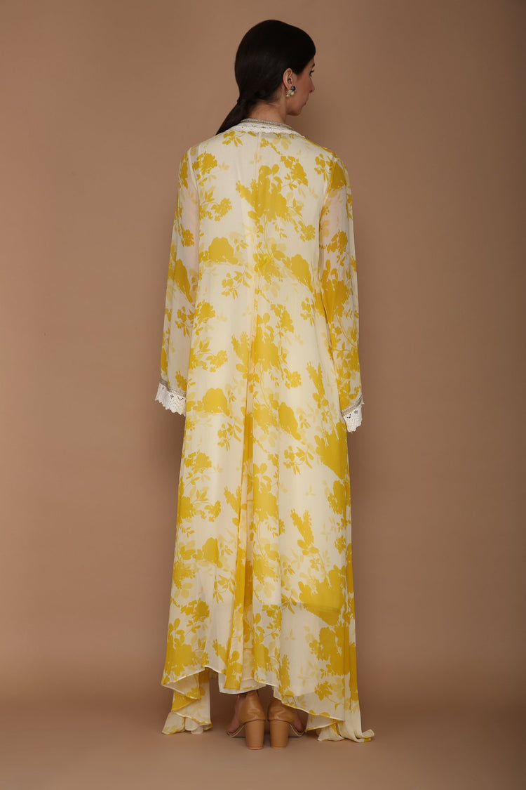 Printed Yellow and Ivory Cape Set with Hand Embroidery