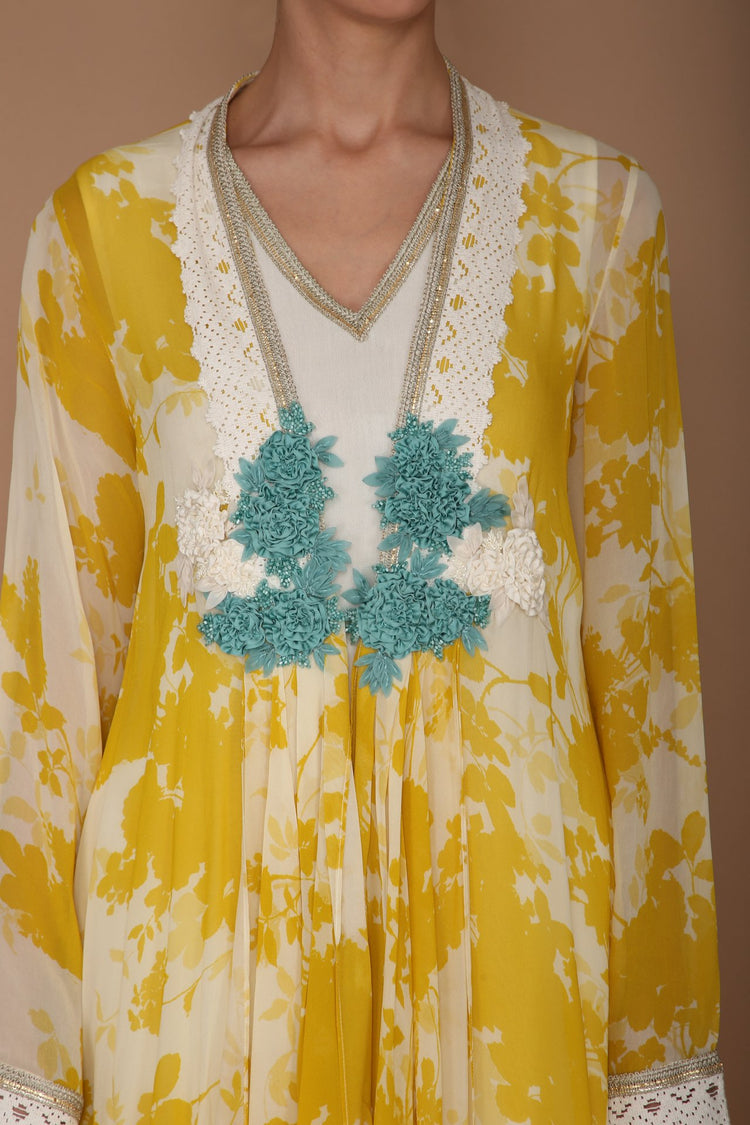 Printed Yellow and Ivory Cape Set with Hand Embroidery