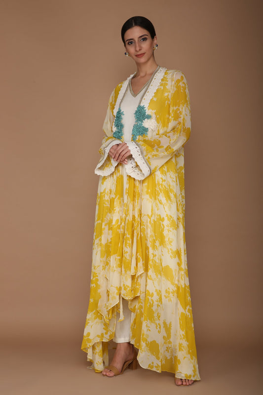 Printed Yellow and Ivory Cape Set with Hand Embroidery