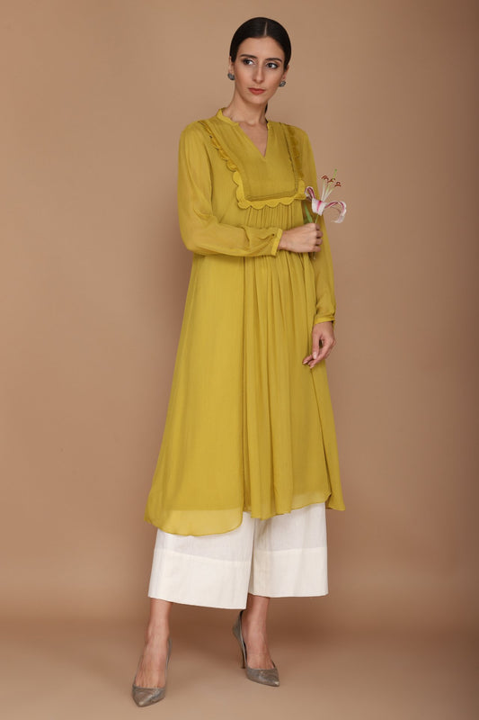 Green Kurta with Cupra Satin Frill Detailing