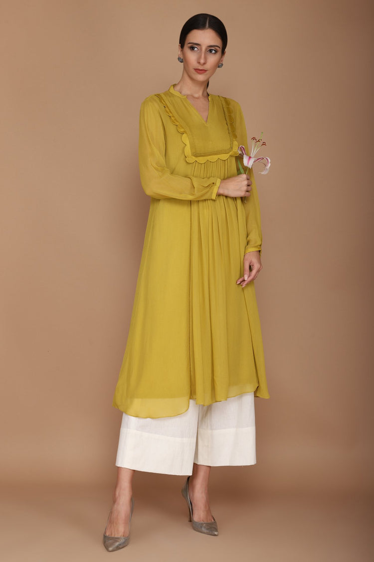 Green Kurta with Cupra Satin Frill Detailing