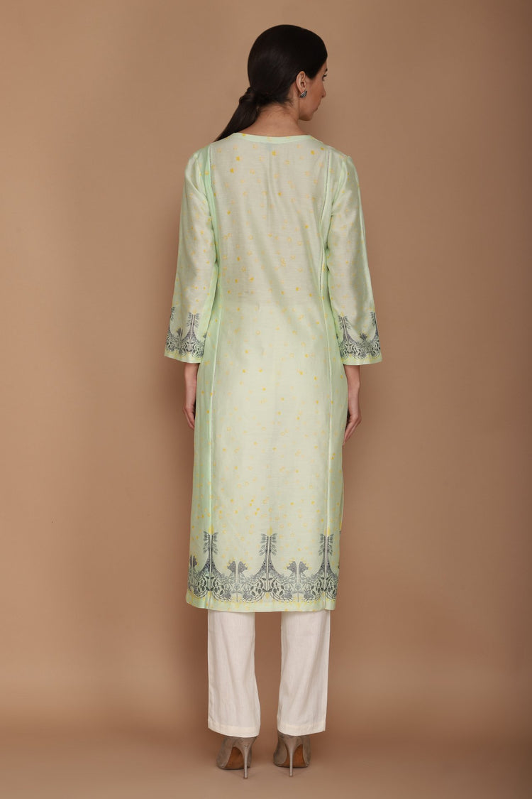 Chanderi Digital Print Kurta with Ivory Pants and Mint Coloured Wave Dupatta