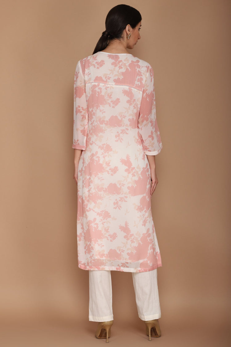 Pink and Ivory Printed Floral Kurta with Ivory Scarf