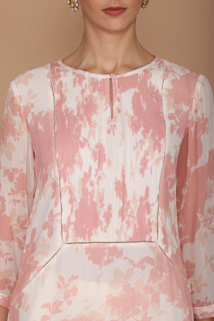 Pink and Ivory Printed Floral Kurta with Ivory Scarf