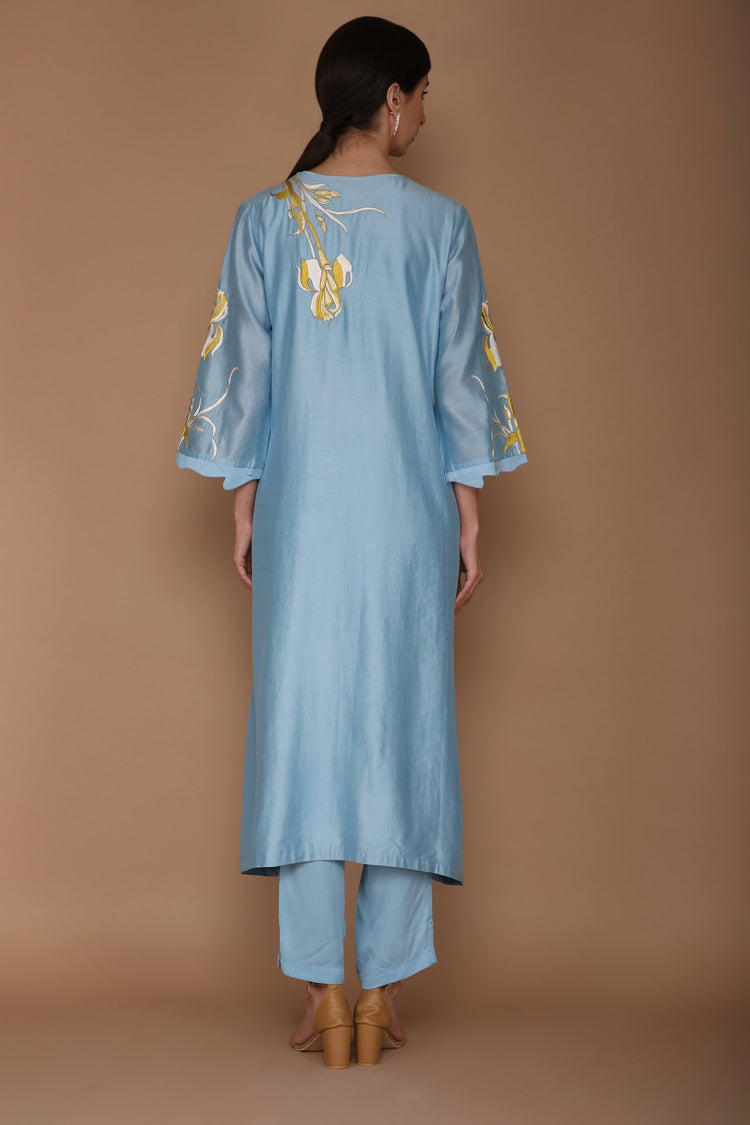Powder Blue V Neck Chanderi Tunic Set