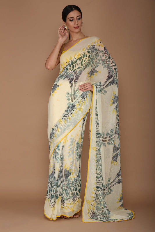 Ivory Digital Print Saree Set