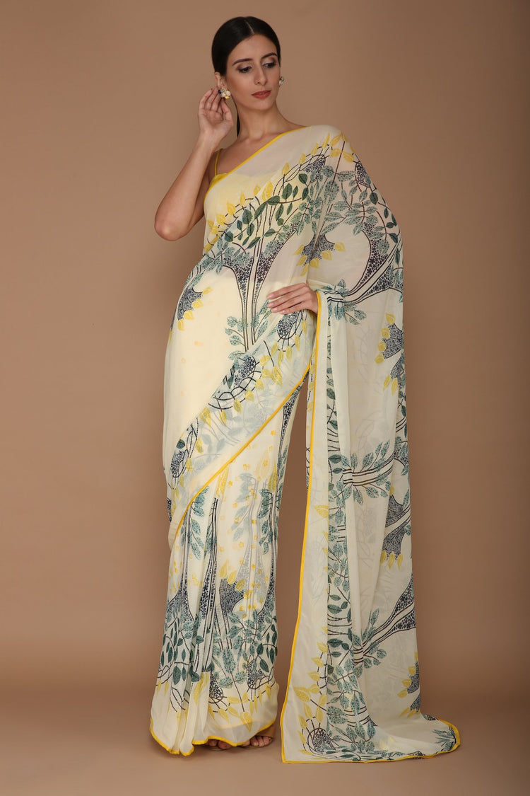 Ivory Digital Print Saree Set
