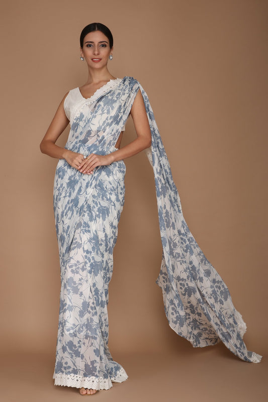 printed blue and ivory saree