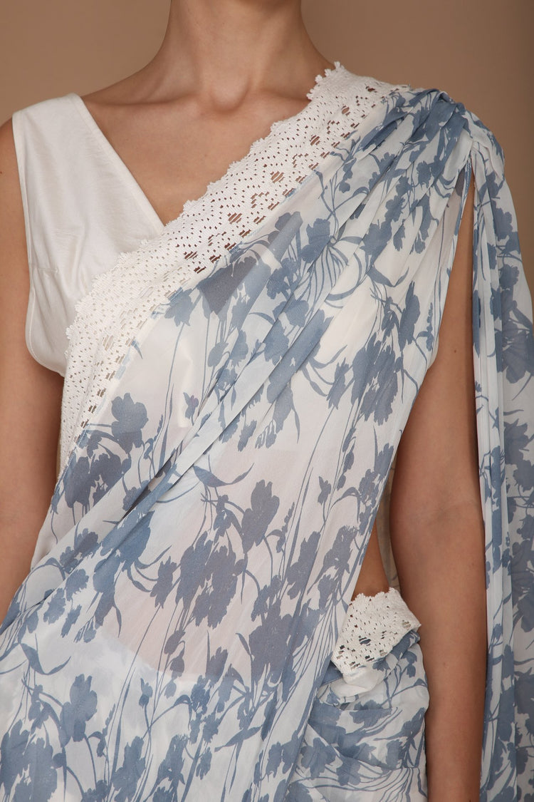 printed blue and ivory saree