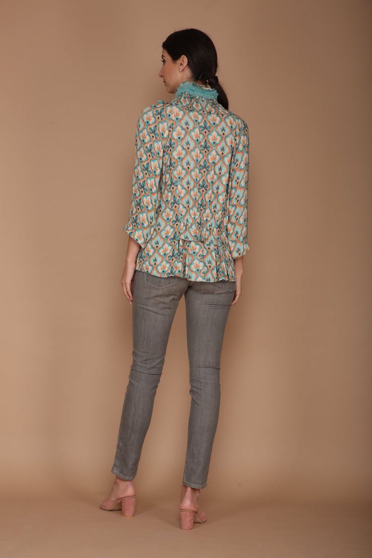 Blue and Peach Printed Jacket