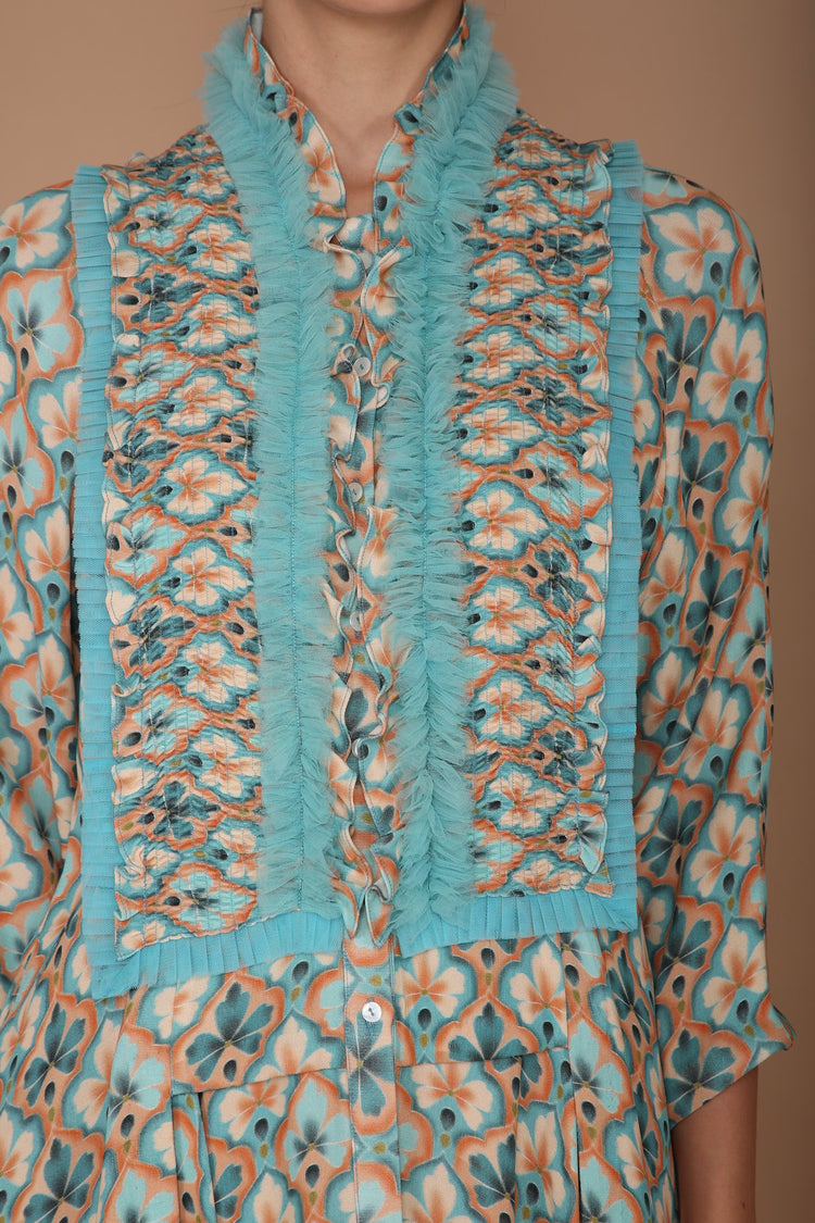 Blue and Peach Printed Jacket