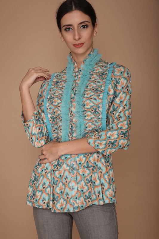 Blue and Peach Printed Jacket