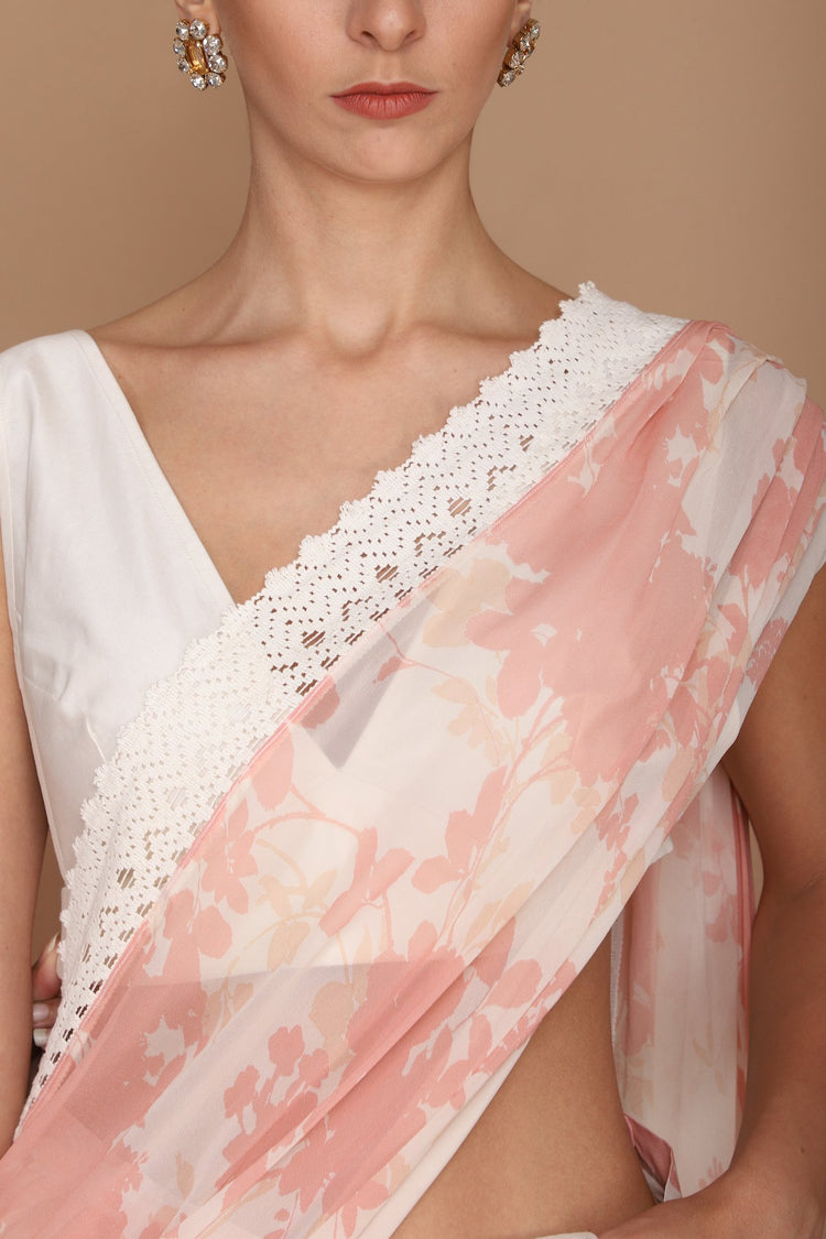 printed pink saree with chanderi blouse