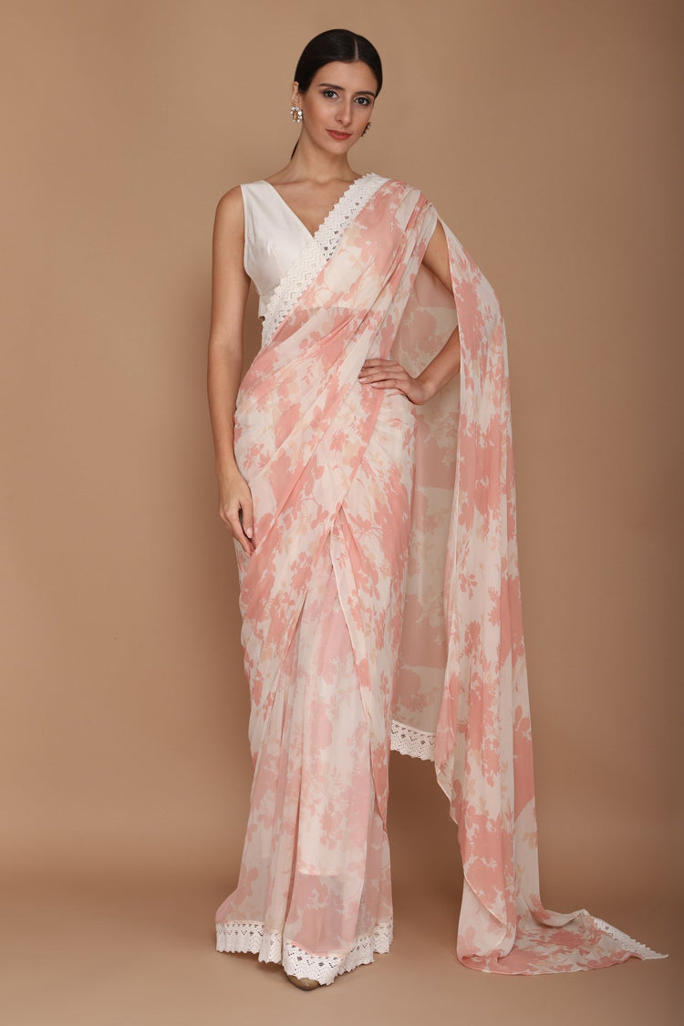 printed pink saree with chanderi blouse