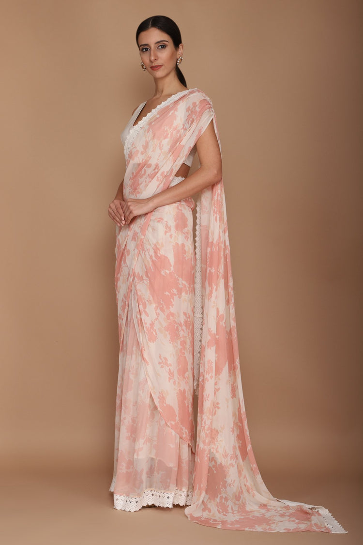 printed pink saree with chanderi blouse