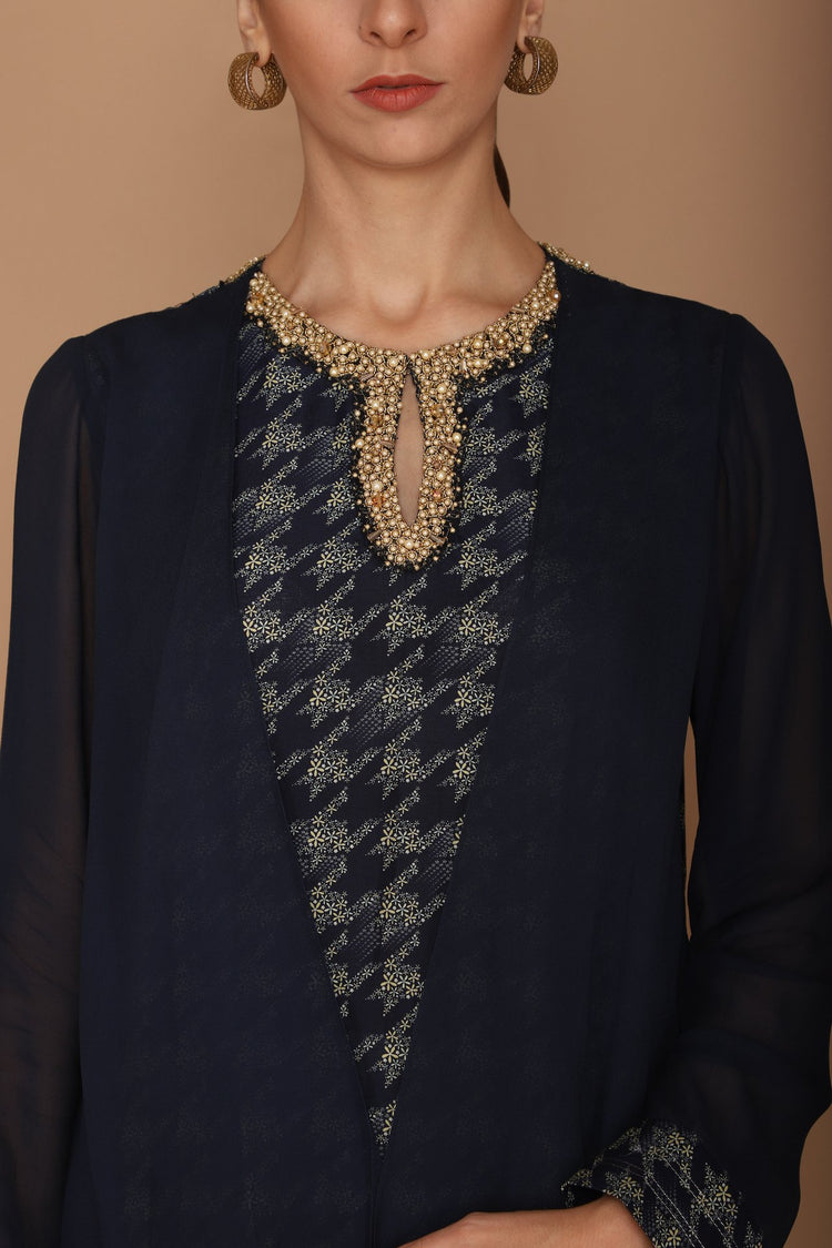 printed midnight blue kurta with churidaar