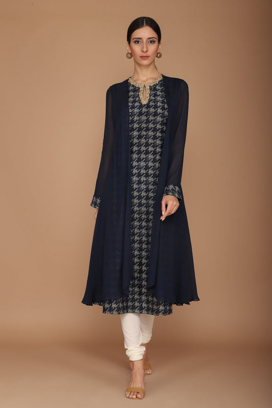 printed midnight blue kurta with churidaar