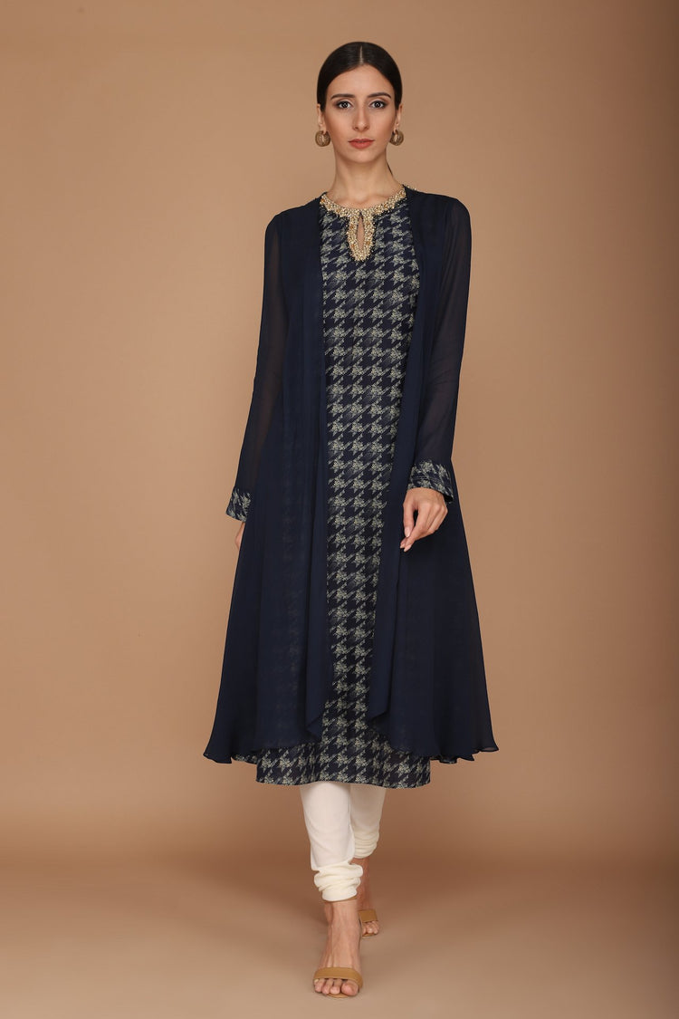 printed midnight blue kurta with churidaar