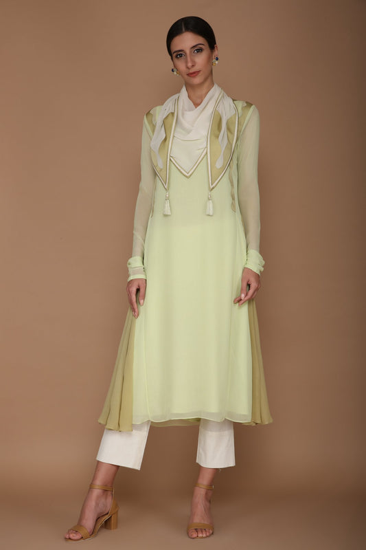PISTACHIO COLOURED KURTA WITH KHADA PYJAMA & STOLE