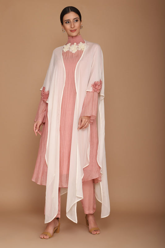 Pink & Ivory Chanderi Kurta and Georgette Cape