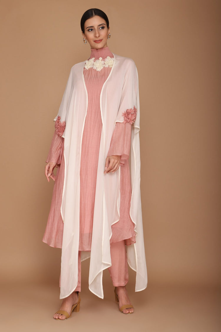Pink & Ivory Chanderi Kurta and Georgette Cape