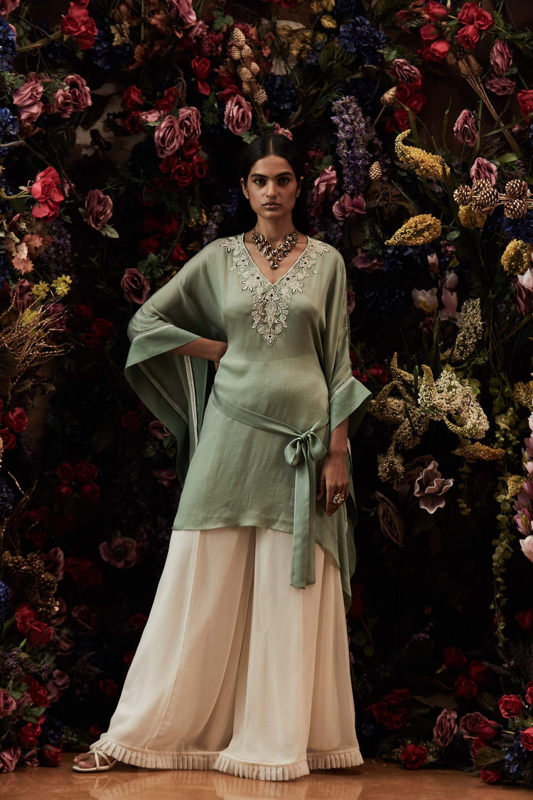 Moroccan Touch Sage Green Satin Georgette Kaftan