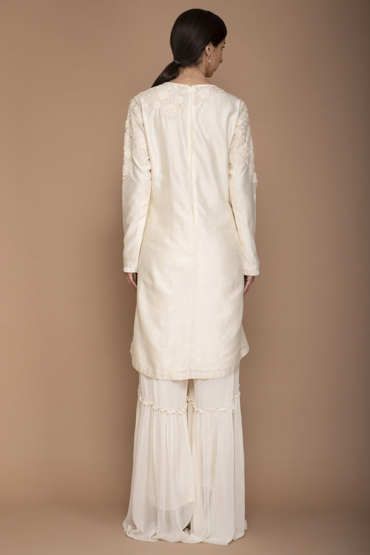 Ivory Chiffon Flower Work on Neck and Arms, Garara & Chiffon Dupatta
