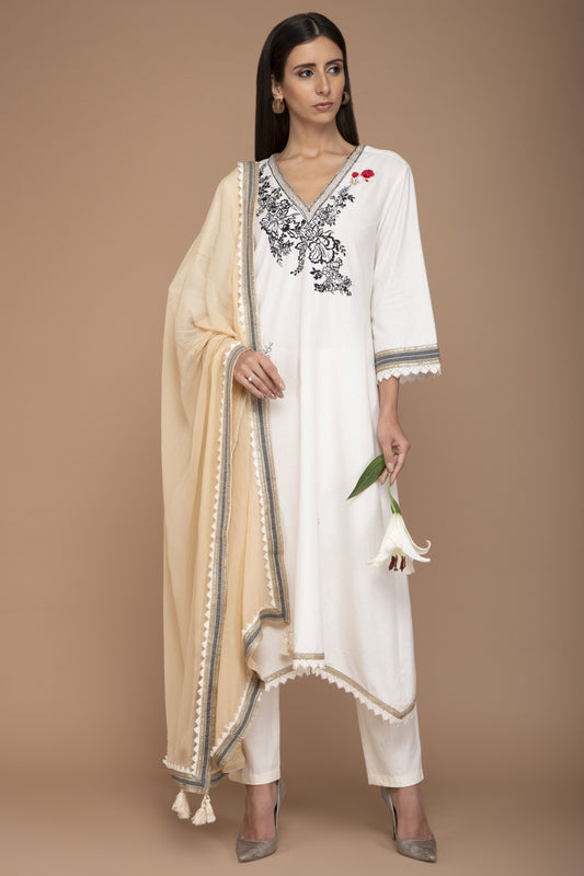 Ivory Coloured Khadi Kurta Set With Embroidery On The Yoke