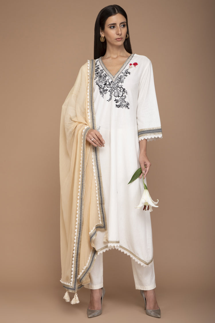Ivory Coloured Khadi Kurta Set With Embroidery On The Yoke