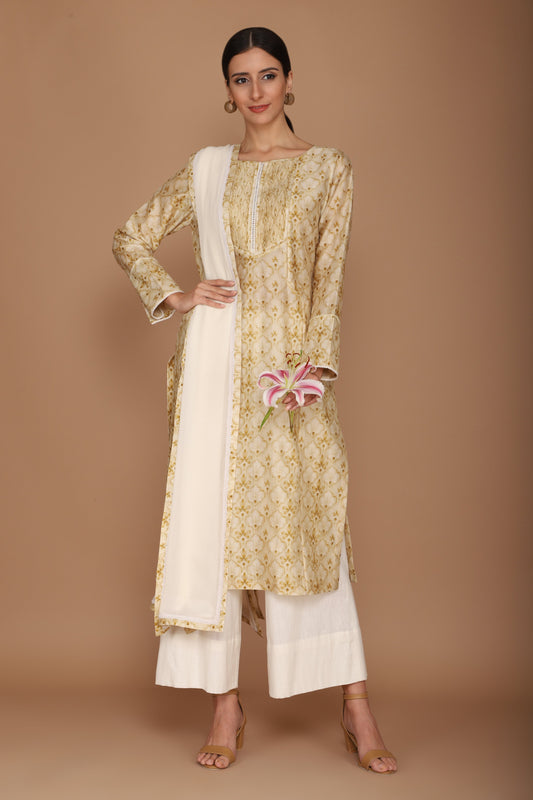 Printed Chanderi Kurta With Cotton Flex Pants And A Dupatta