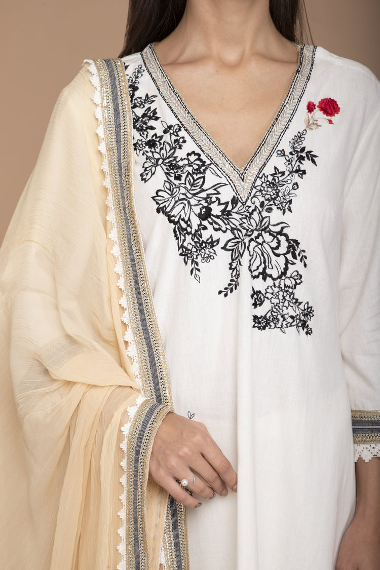 Ivory Coloured Khadi Kurta Set With Embroidery On The Yoke