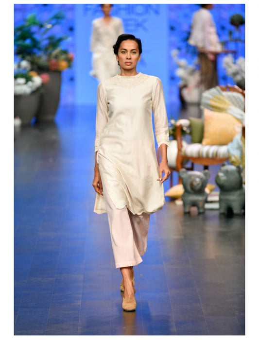 Ivory Chanderi Chiffon Flowers Tunic with Pants