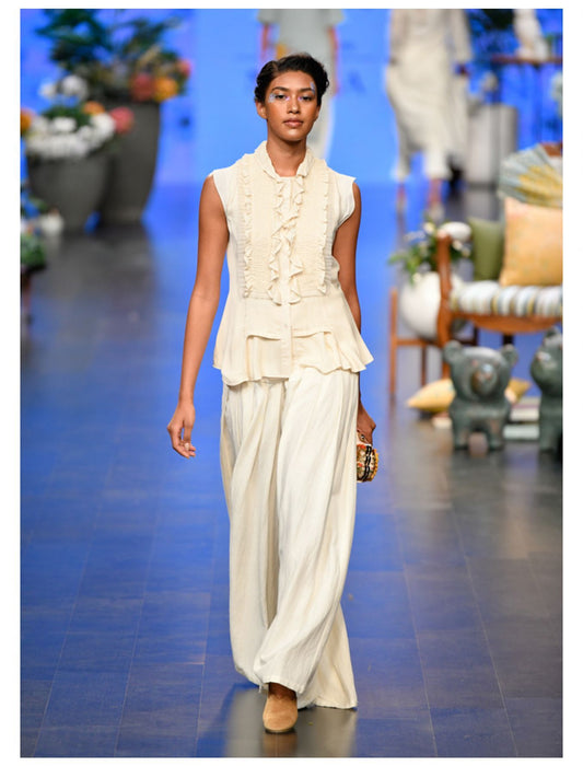 Ivory Frill Detail Sleeveless Top with Pants