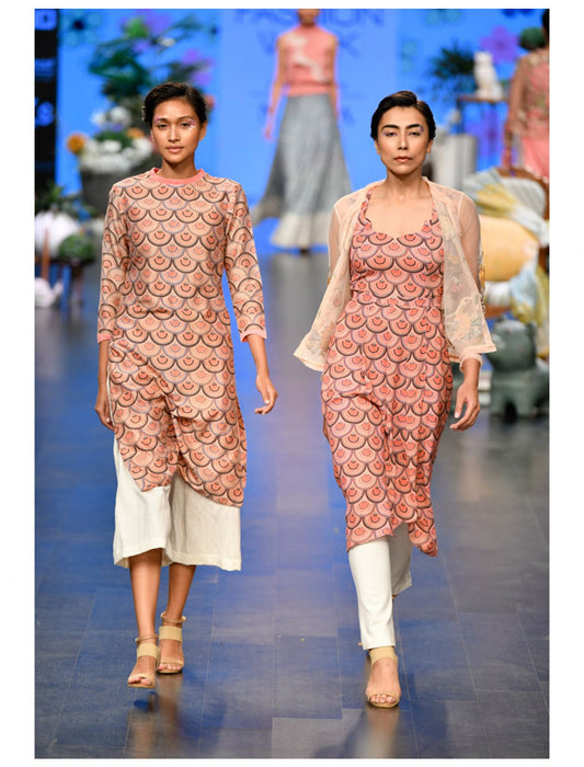Pink Scallop Printed Calf Length Tunic Set