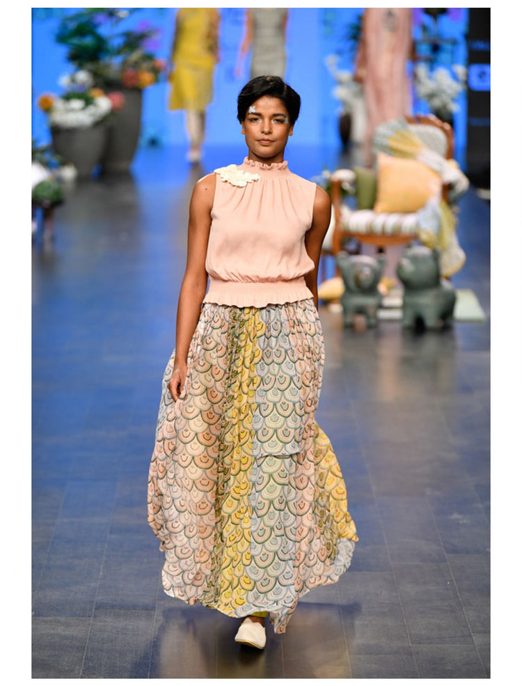 Multicolor Scallop Printed Circular Skirt Set