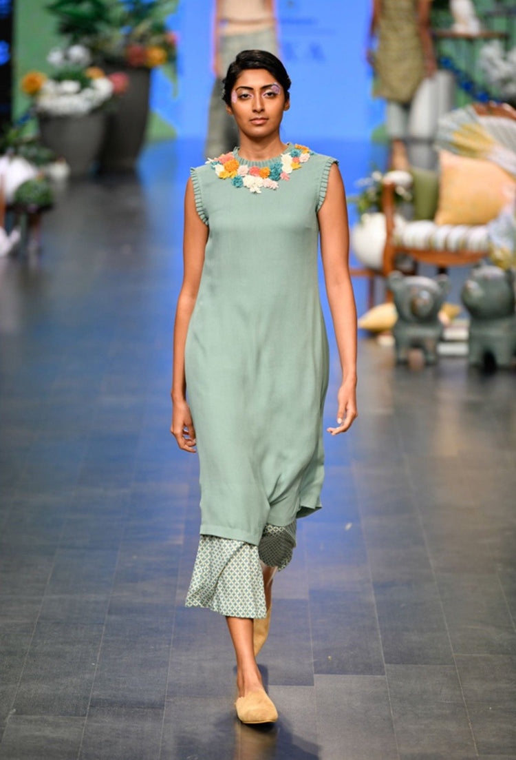 Duckegg Multicolor Chiffon Flower Work Tunic with Pants