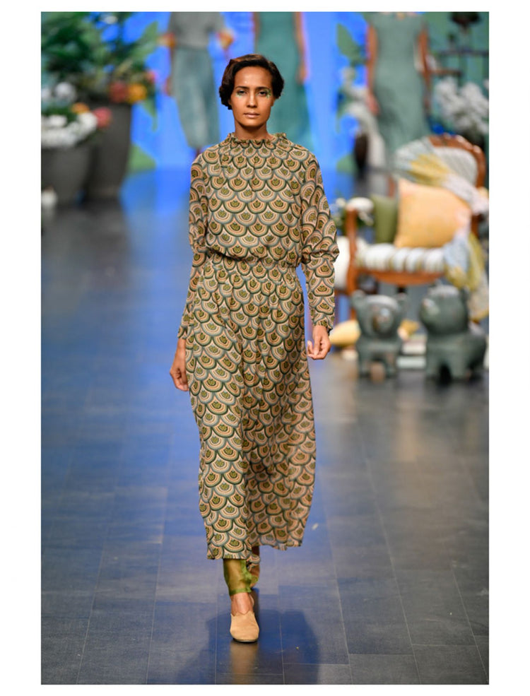 Olive Printed Scallop Dress